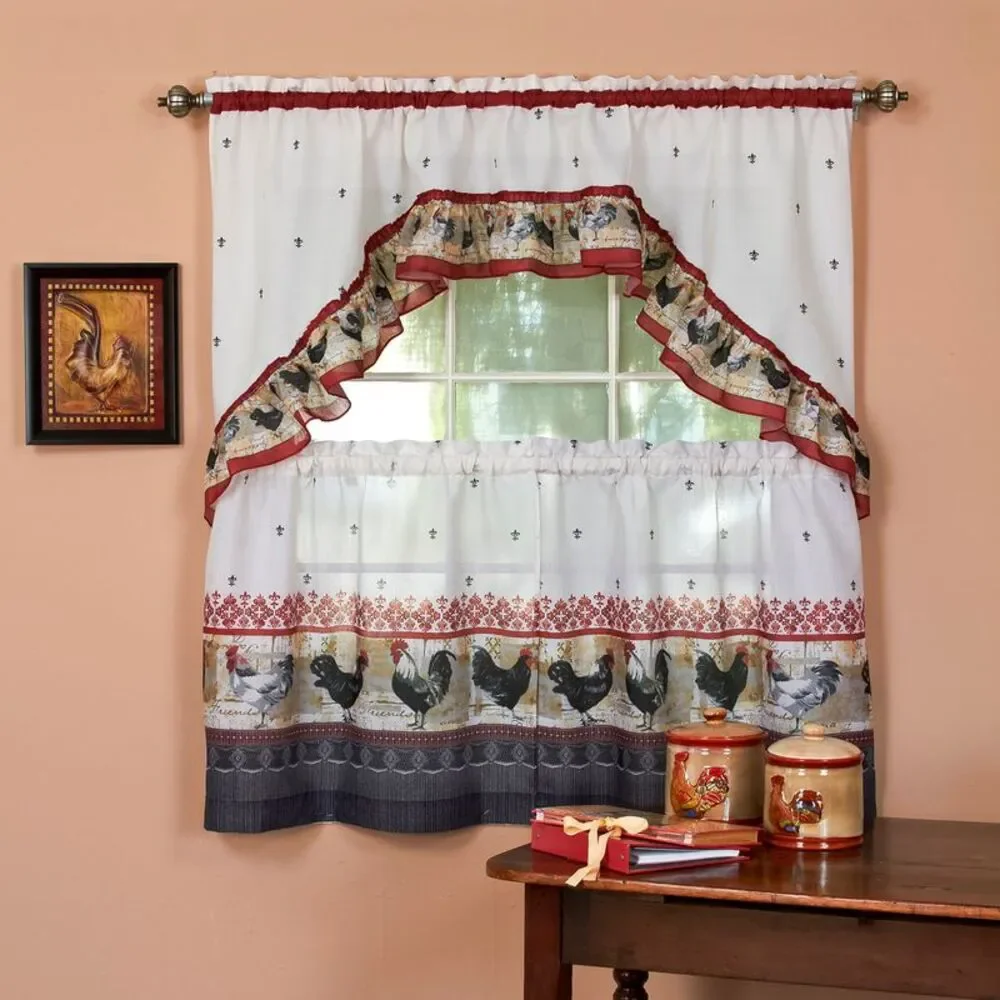 Achim Home Furnishing Rooster Window Kitchen Curtains 3-Piece Printed Tier &